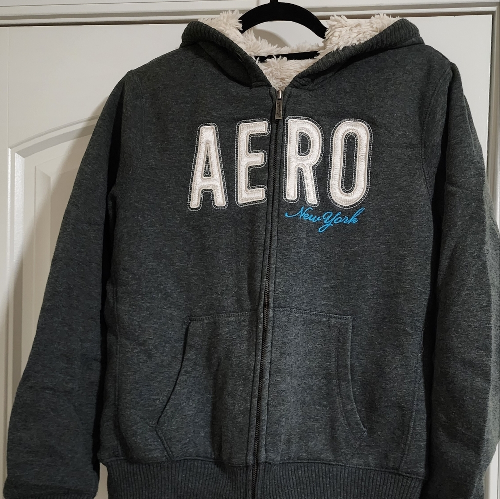 Aeropostale Dark Gray Zip Hoodie with White Sherpa Lining and Blue Script
